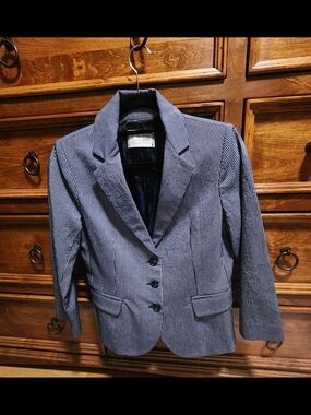 RON HERMAN Womens Pinstriped Navy & White Preppy Tailored Blazer, Shrunken Fit